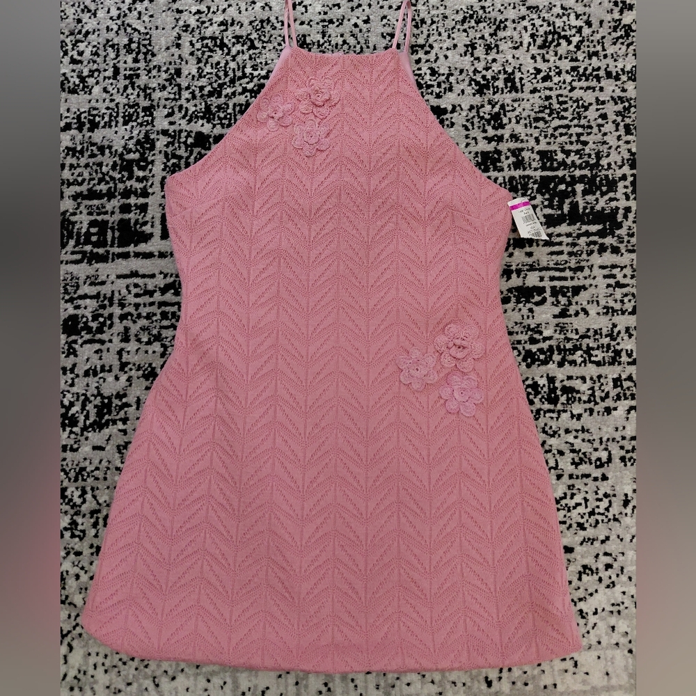 NWT LIKELY 14P Mauve Floral Argyle Crochet Halter Mini Dress | Cottagecore - Picture 5 of 13